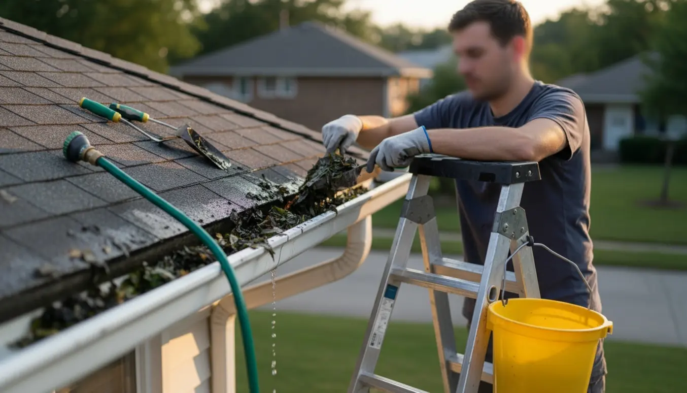 Handskeklædt person renser tagrende fra en stige med spand og våde blade synlige.