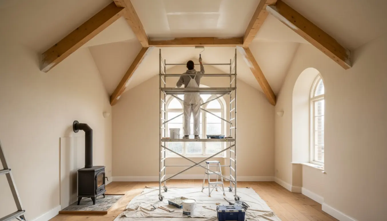 Et nyt stillads under et højt loft med seks fritliggende bjælker, hvor en maler ruller maling på loftet og en brændeovn står i siden.