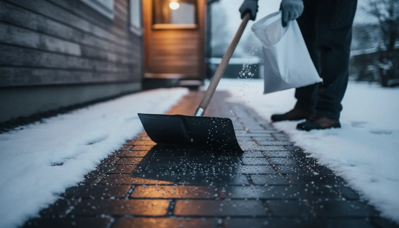 Person renser og salter en smal flisegang på cirka 10x1 meter med sneskovl og salt.