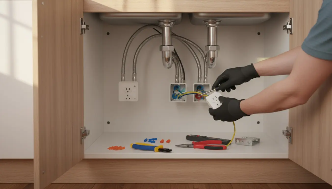 Hænder monterer en ny stikkontakt under køkkenvasken blandt rør og ledninger.