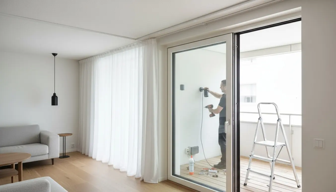 Stue med gardiner fra loftet og diskret kabelskjuling til en loftlampe, set mod en altan hvor en udendørslampe monteres.