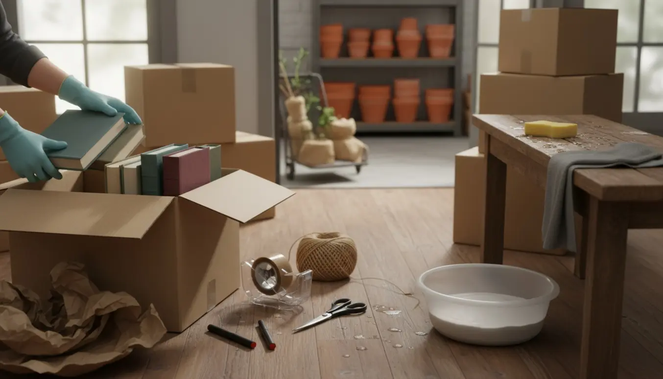 Hænder pakker bøger i en flyttekasse i en solbelyst lejlighed, med stakkede krukker i garage og en bænk, der bliver vasket.