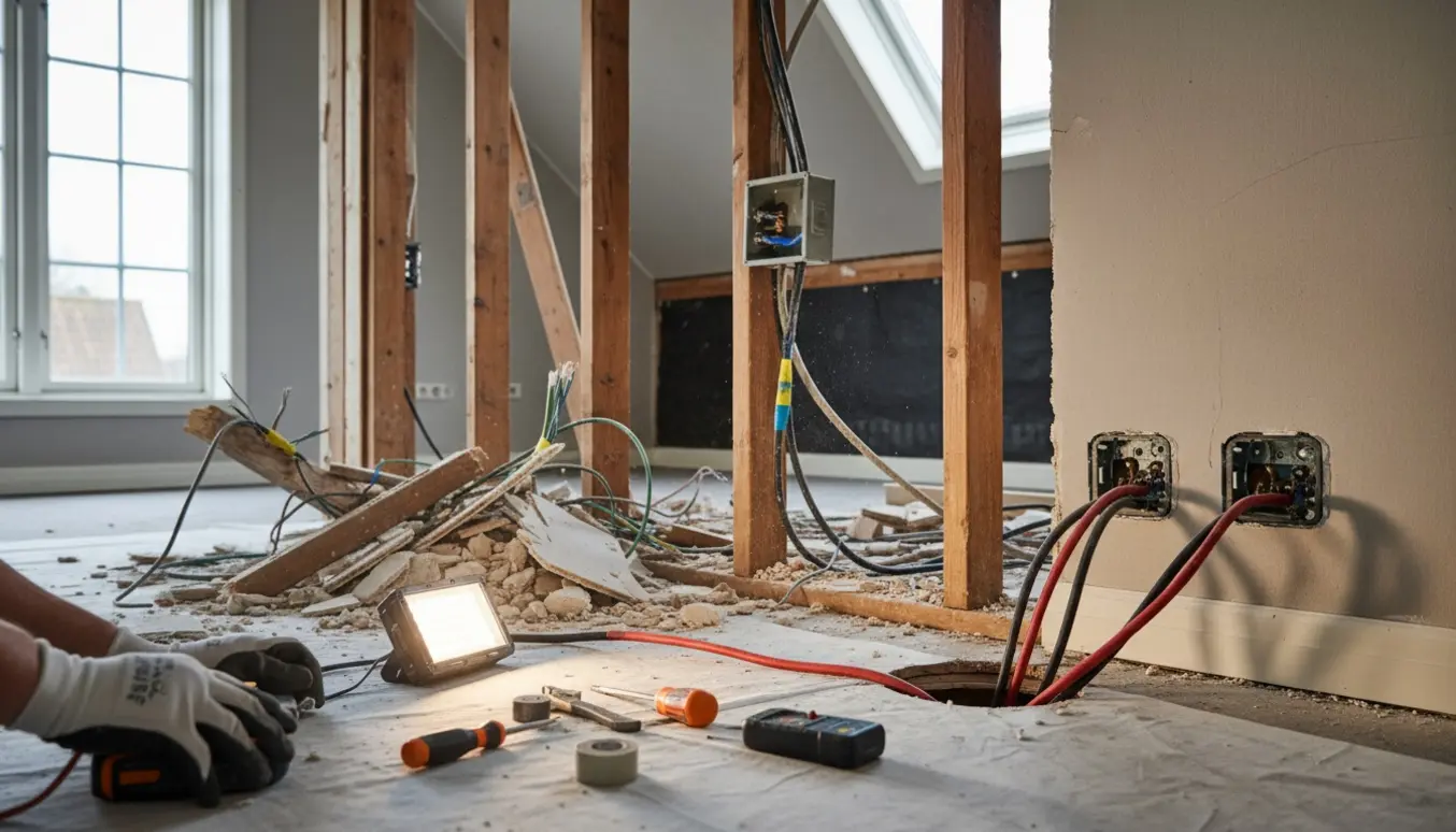 Elektriker fører kabler gennem gulvet for at flytte almindelige og kraftstik til nabovæggen efter en væltet væg.