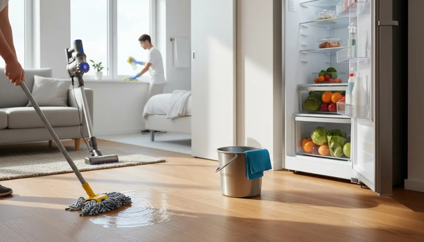 Lyse, rengjorte rum med moppe, støvsuger, åben køleskab og aftørret vindueskarm.