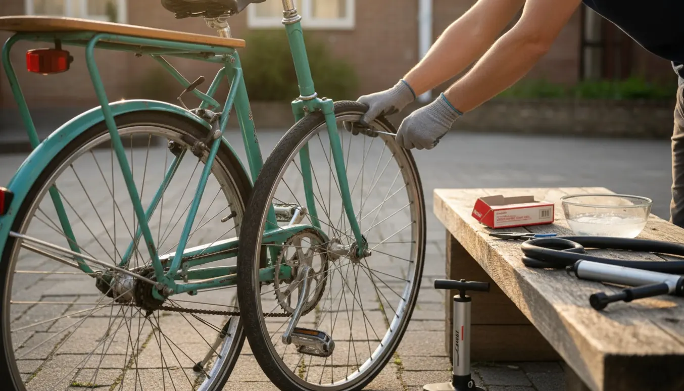 Fladt bagdæk på en cargo-bycykel med fjernet hjul og hænder, der bruger dækjern og lappekit i en solbelyst gårdhave.