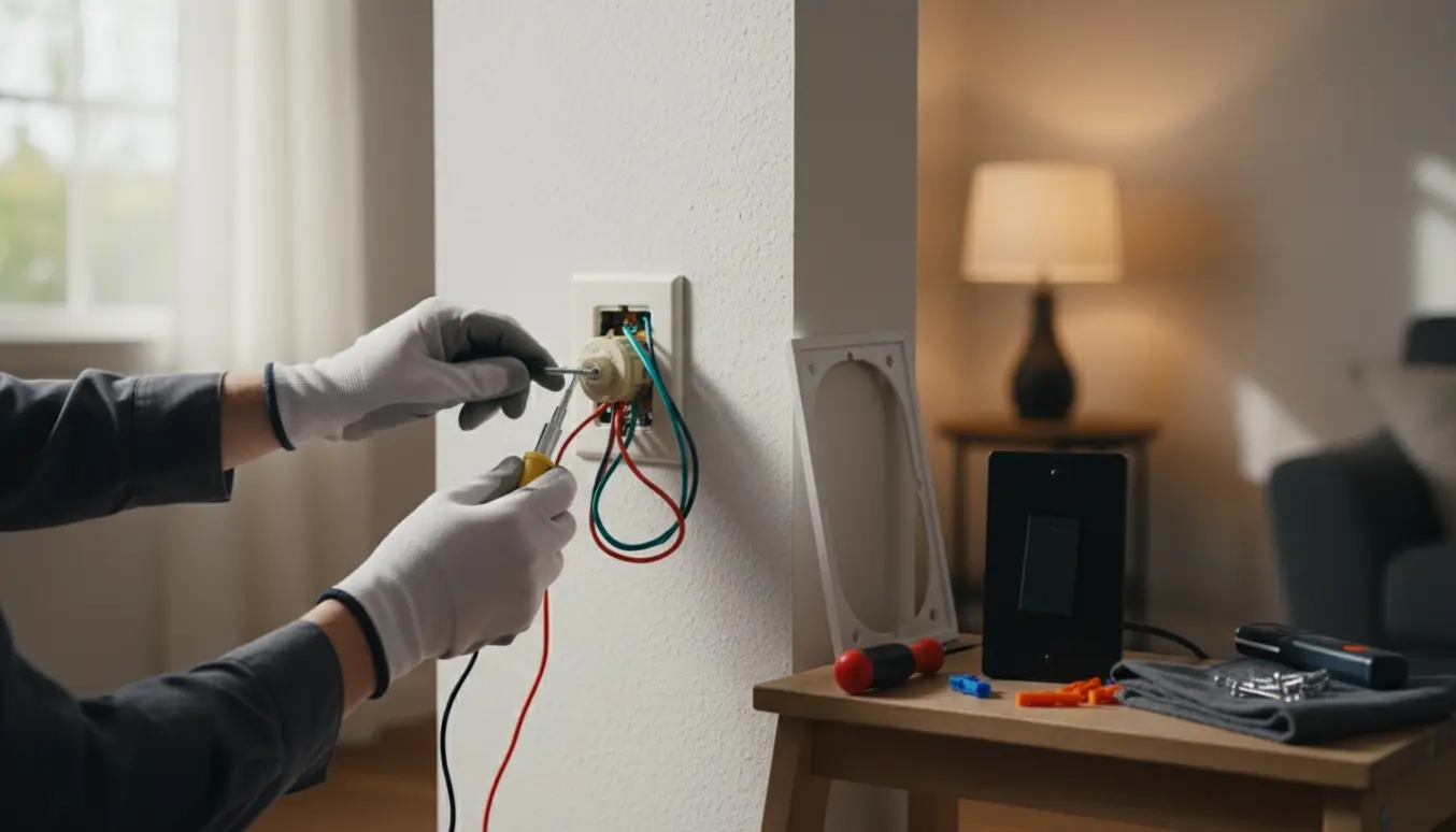 Hænder udskifter en indendørs lysdæmperkontakt med værktøj og lampe i baggrunden.