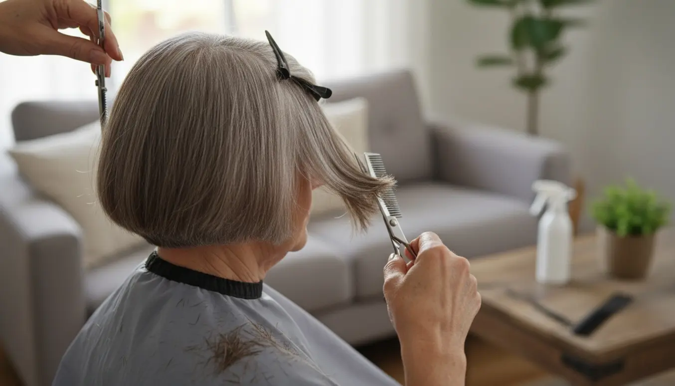 Ældre kvinde får kort hår klippet hjemme, set bagfra med frisørsaks og kam i fokus.