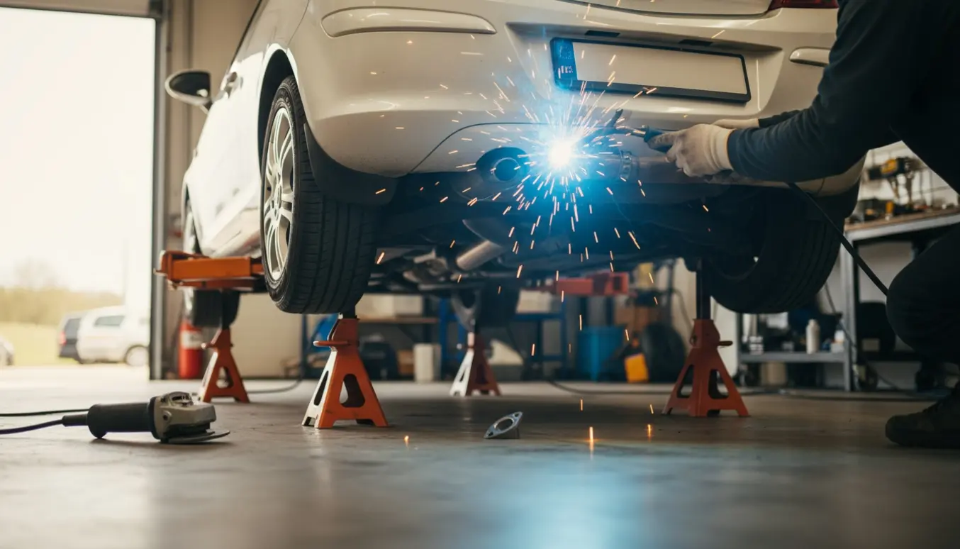 Mekaniker svejser udstødningsrør under en Opel Corsa 2011 med gnister og beskyttelsesudstyr.
