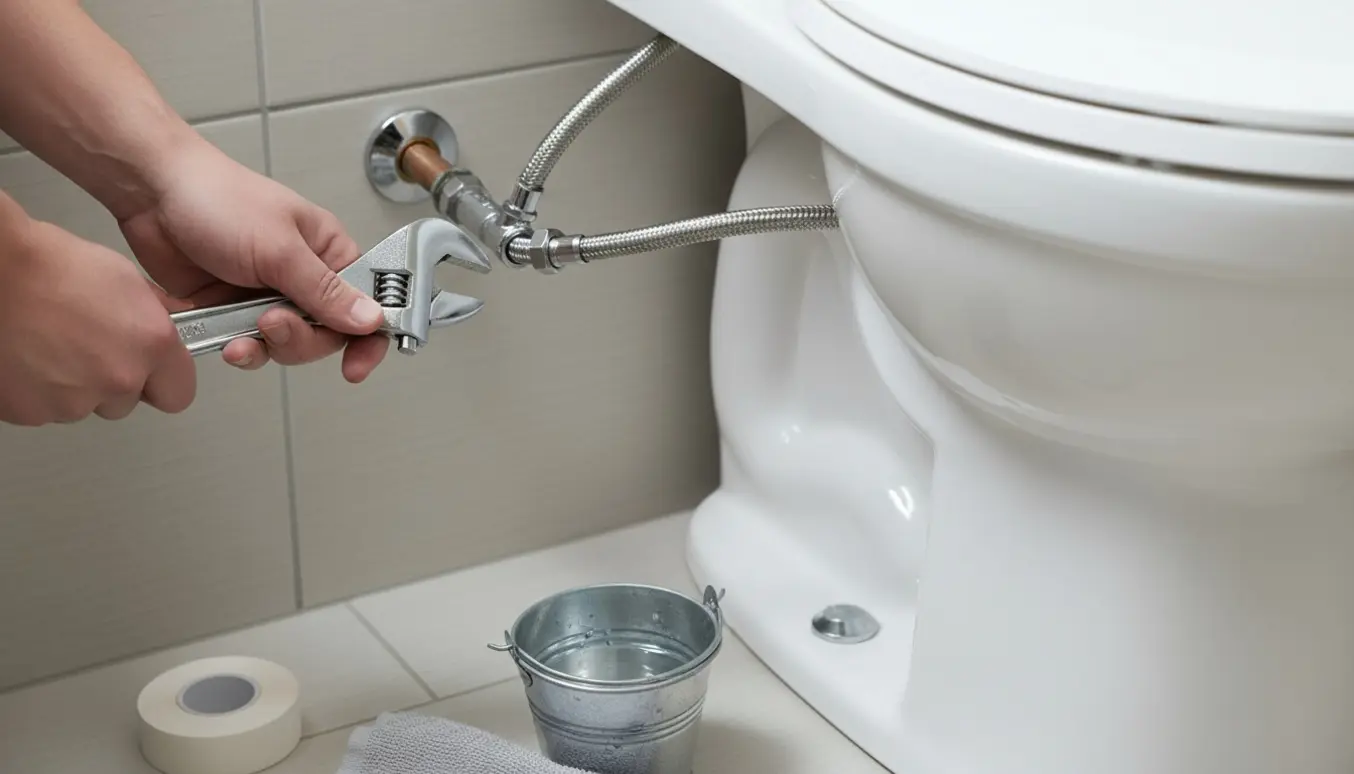 Hænder udskifter vandtilførselsrør til toilet med skiftenøgle, nyt flettet slange og spand på gulvet.