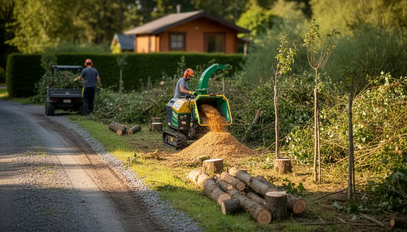 Sommerhusgrund med mindre træer og brombærbuske fældet og omdannet til flis ved en mobil flishugger.
