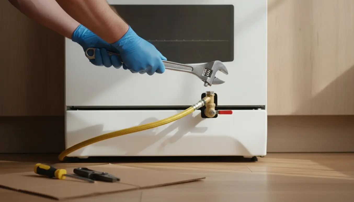 Handskenklædte hænder afmonterer et bygas-komfur i et lyst, moderne køkken.