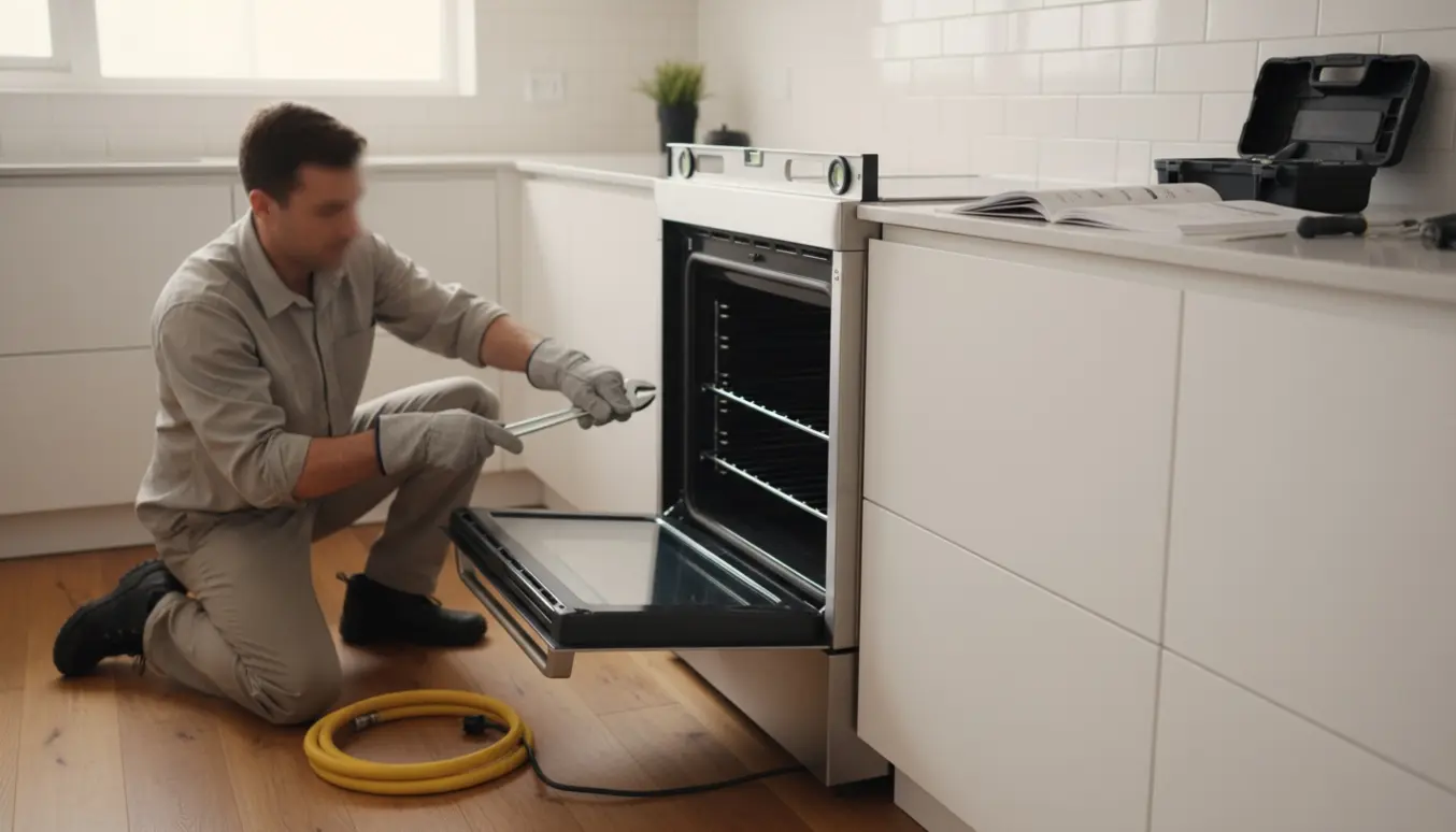 Tekniker installerer et rustfrit komfur i et moderne køkken, kun hænder og værktøj synlige.