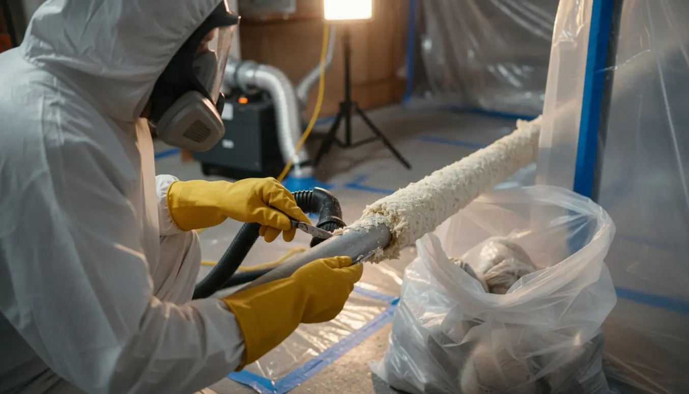 Nærbillede af beskyttelsesudstyrede hænder, der forsigtigt fjerner 3 cm asbestisolering fra et vandrør i en afspærret kælder.