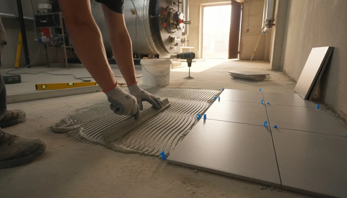 Hænder lægger 30x60 cm klinker i et fyrrum med værktøj og flydespartel klar.