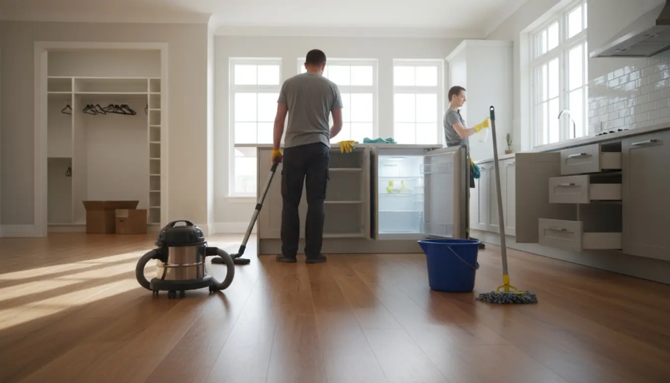 En rengøringsperson set bagfra støvsuger og moppe i et lyst, stort hus med åbne skabe og et rengjort køleskab.