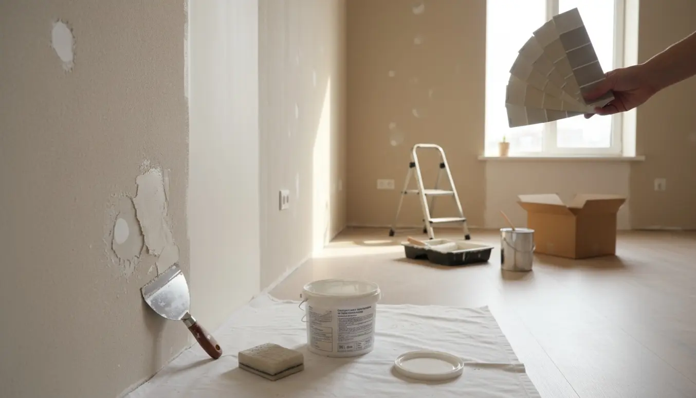 Hænder spartler og vurderer maling på en repareret væg i et tomt hus med malerudstyr og stige på et beskyttelsesunderlag.
