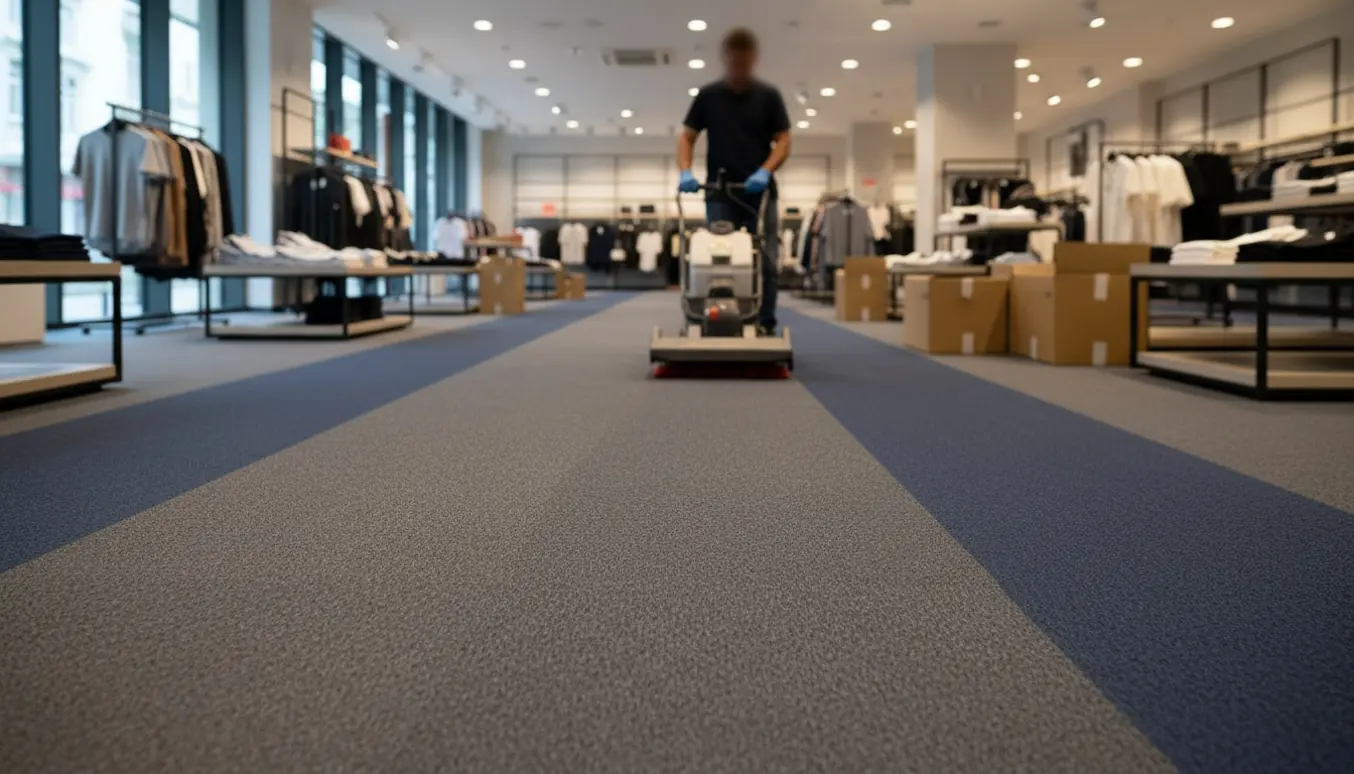 Stor butik med mørke firkantede tæppefliser, rengøring i gang med synlige pletter og nyligt rensede striber.