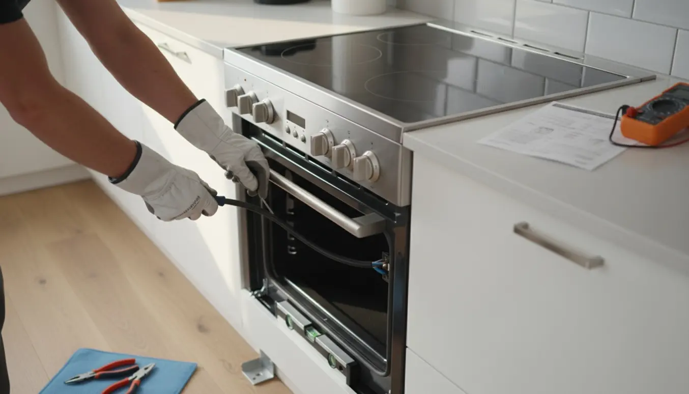 Hænder monterer elkabel på et 60 cm keramisk komfur i et lyst køkken.