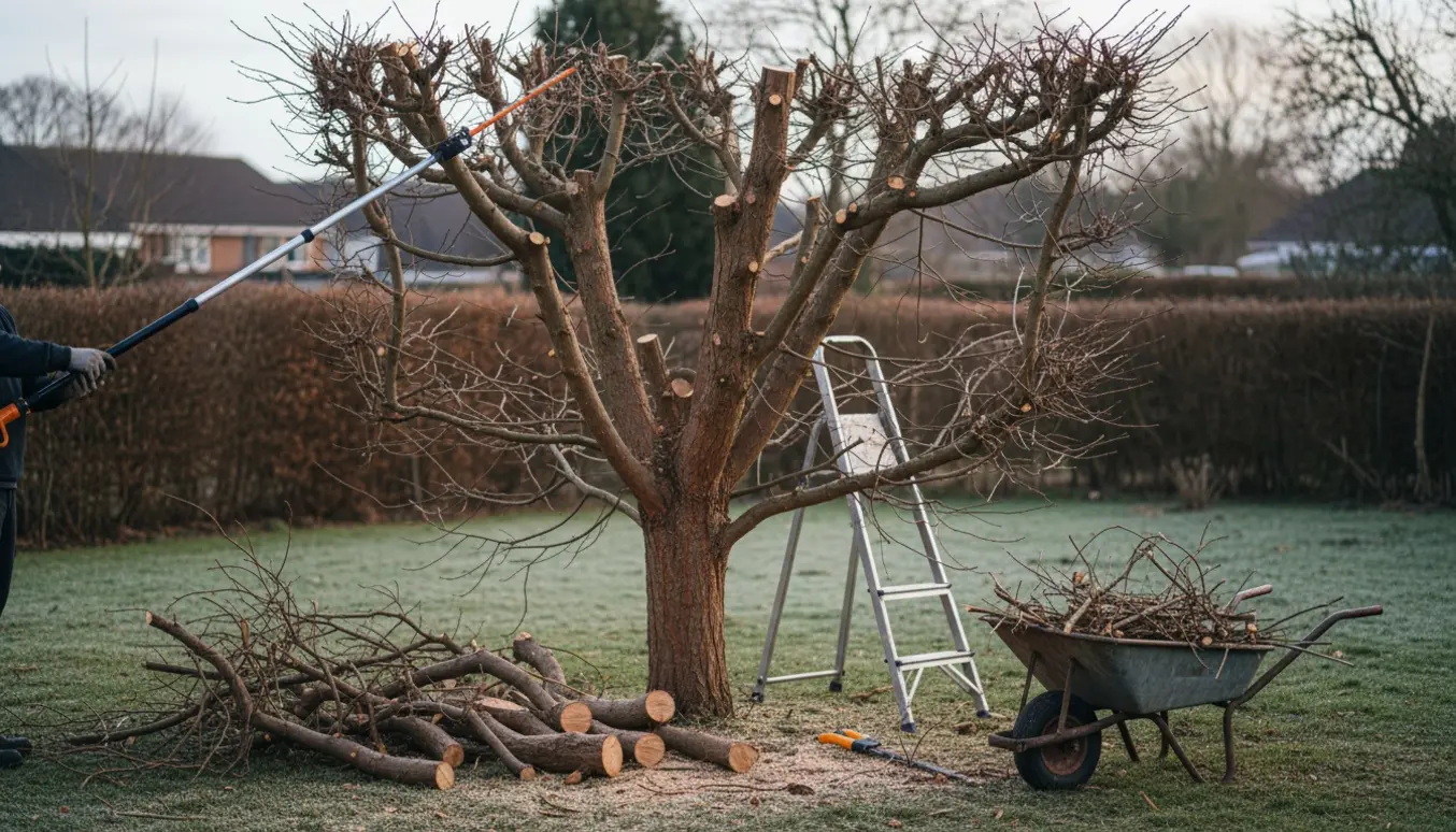 Vinterbillede af beskæring af troldhassel med stige, teleskopsav og trillebør fyldt med grene.