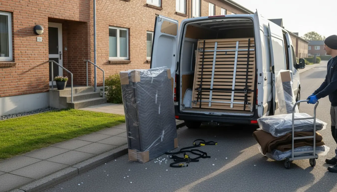 Afskilt seng og madrasser ved en åben varevogn, klar til afhentning og levering ved lejlighedens hoveddør.