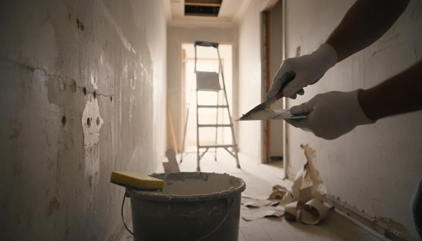 Nærbillede af en lille gang, hvor hænder spartler revner og huller i væggen efter fjernet tapet og nedsænket loft.