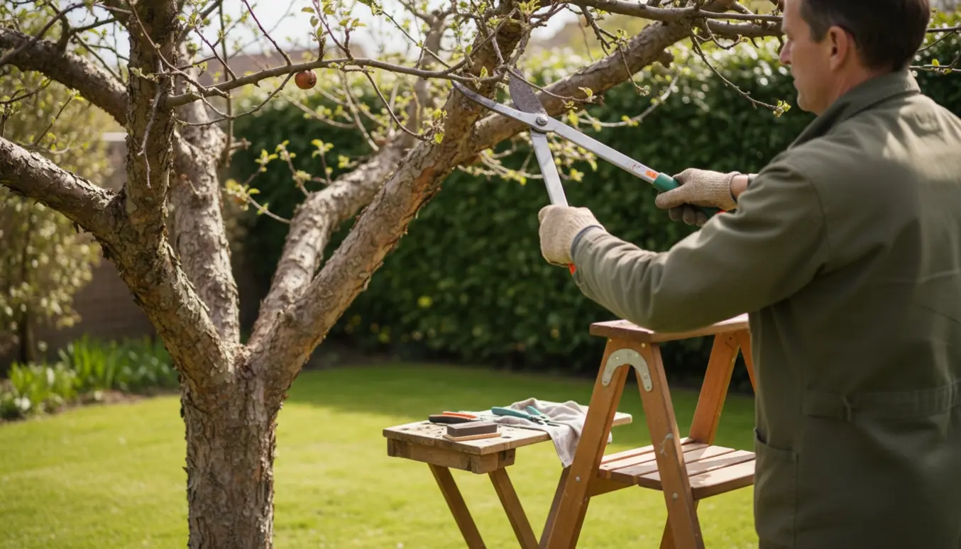 Gartner beskærer et gammelt ca. 4 m højt æbletræ fra en lav stige med grensaks og handsker, ansigt ikke synligt.