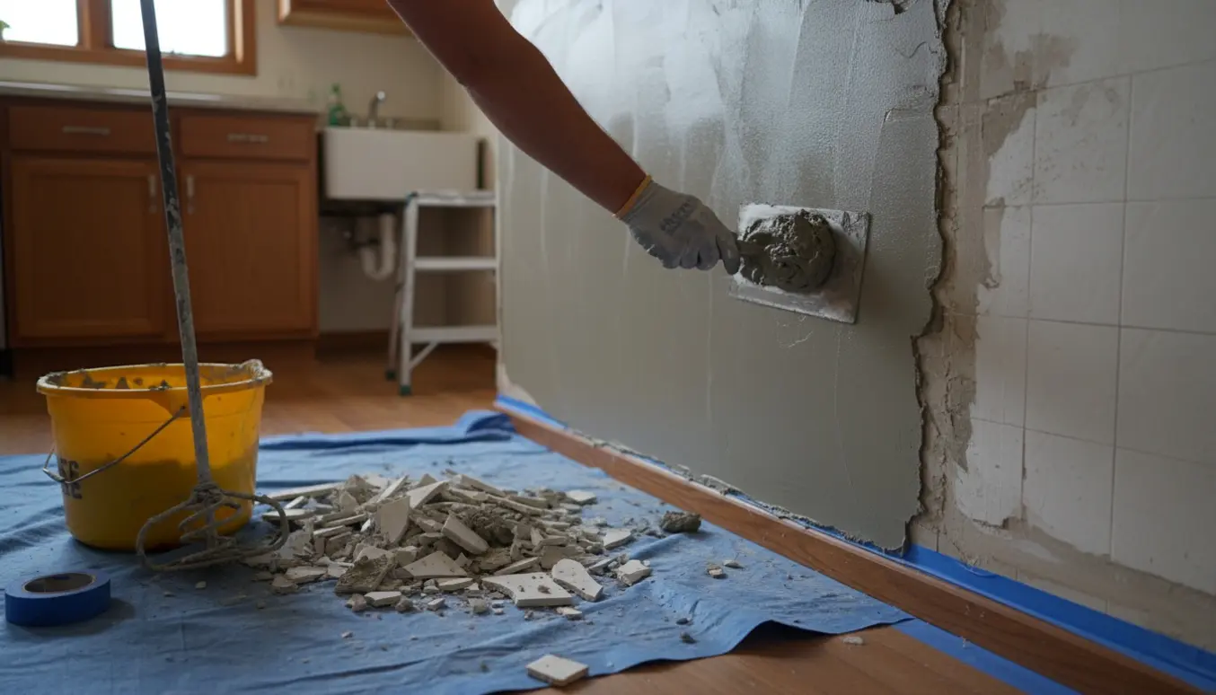 Hænder pudser en rå væg efter fjernede fliser med spartel, spand og afdækket gulv.