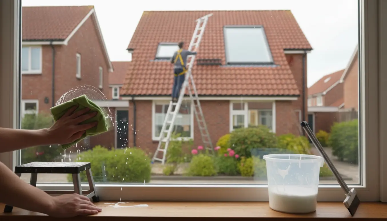 Indefra udsigt mod rækkehus hvor vinduer og et højt ovenlysvindue pudses med forlængerstang og spand.