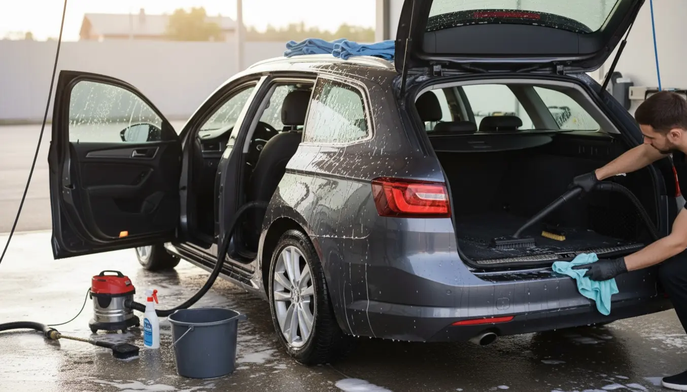Stationcar vaskes indvendigt og udvendigt med åben bagagerum, støvsuger og sæbeskum.