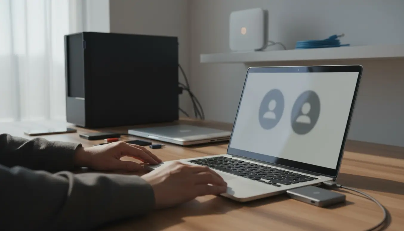 Ny bærbar sættes op med dataoverførsel fra en ekstern harddisk på et hyggeligt hjemmekontor.