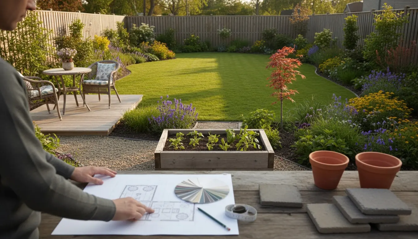 Mellemstor baghave med græsplæne, bede, terrasse og en haveplan på et bord, hvor hænder peger på idéer.