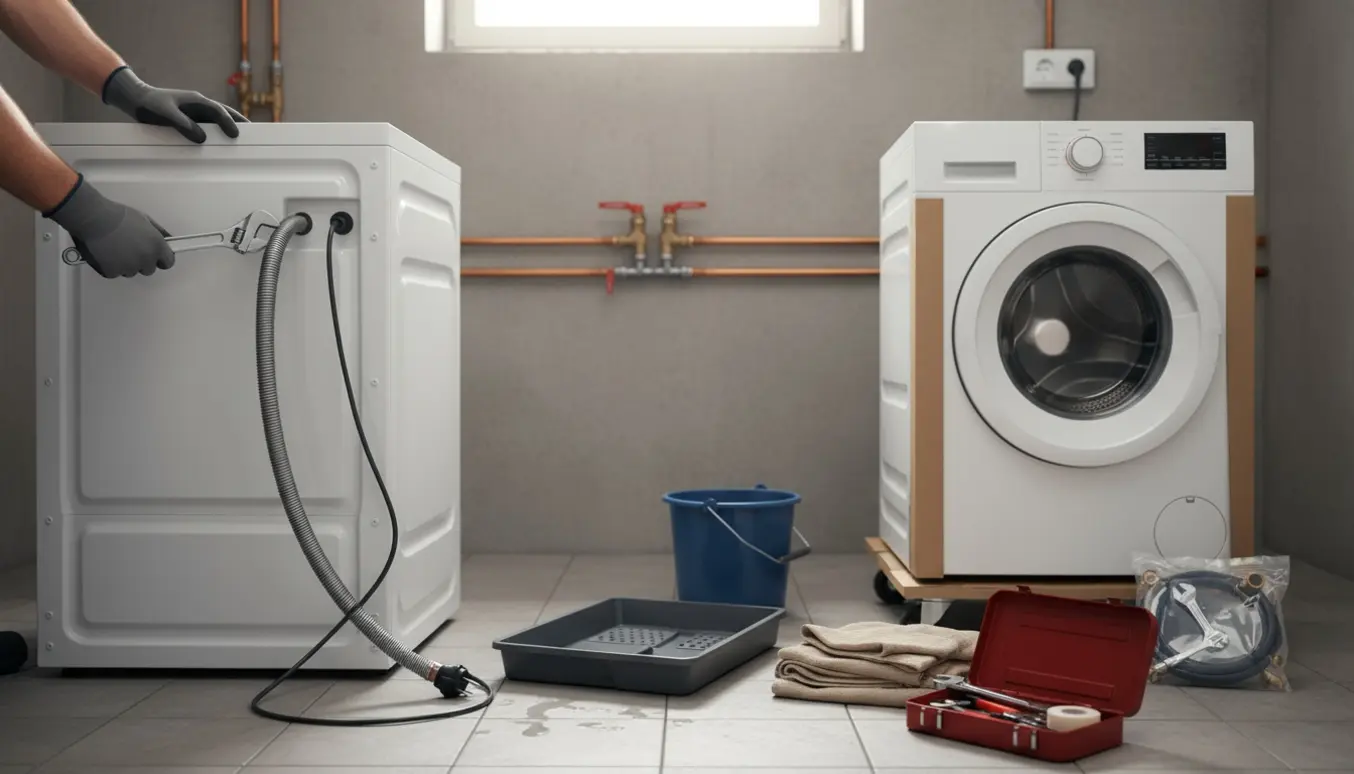 Kælder med en frakoblet vaskemaskine og en ny maskine klar til tilslutning, omgivet af værktøj og slanger.