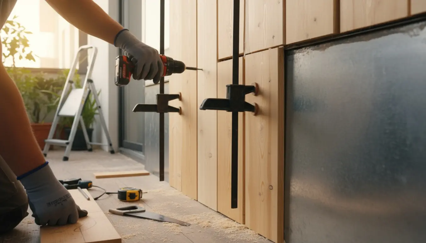 Hænder monterer træplader for at dække et hul mellem metalplade og loft på en lukket altan.