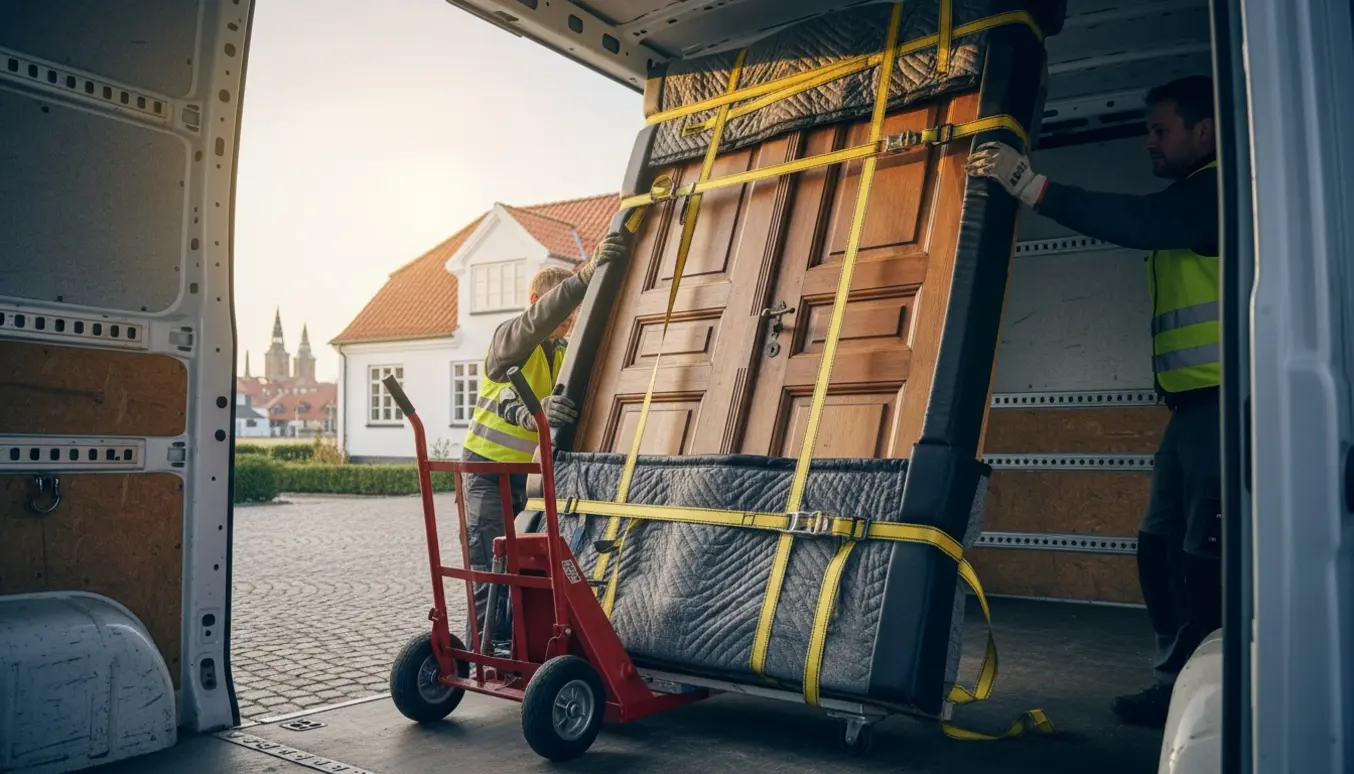 En dobbeltdør (ca. 215 x 125 cm) pakket i flytteklæder bliver læsset i en varevogn foran et dansk hus.