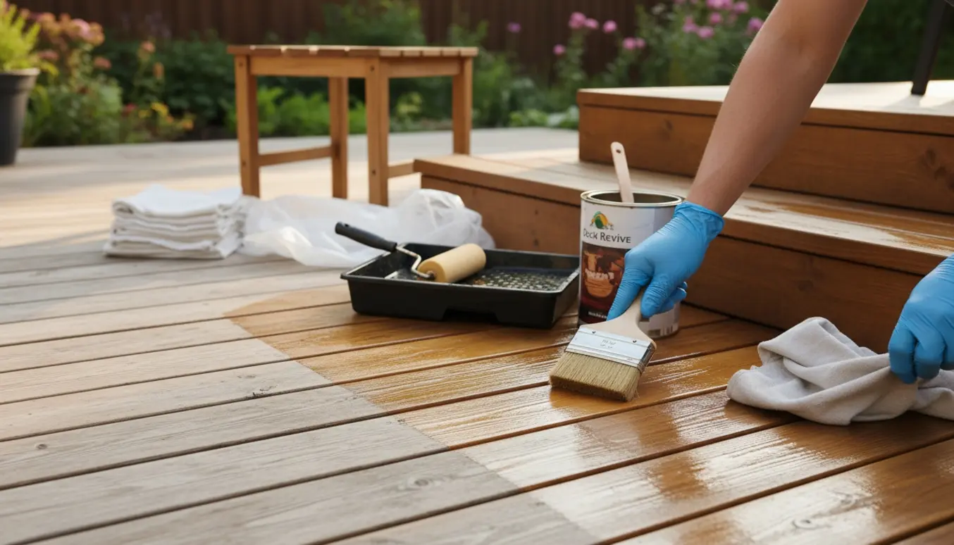 Delvist olieret træterrasse med værktøj og handske, der viser forskel mellem tørre og nyligt olierede planker.