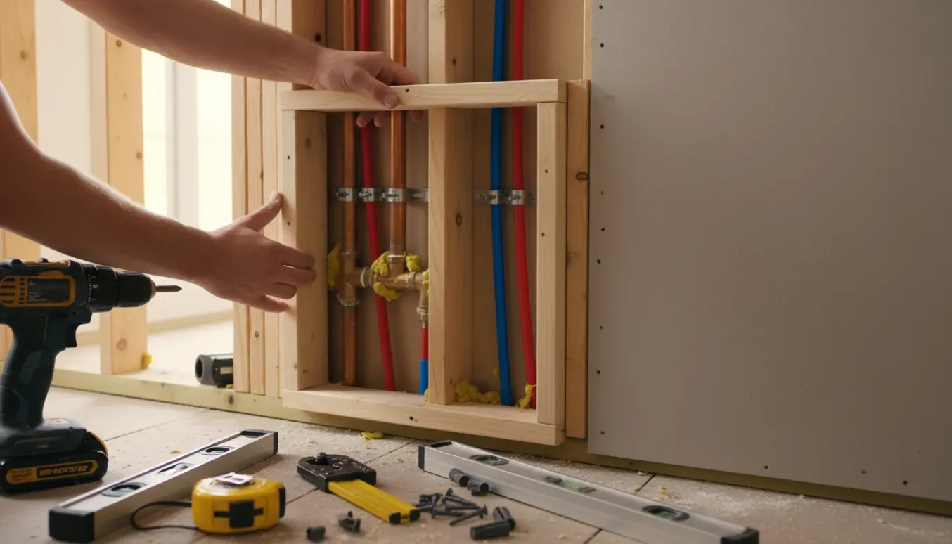 Hænder monterer en træramme og gips omkring kobber- og PEX-rør for at skjule dem i en vægkasse.