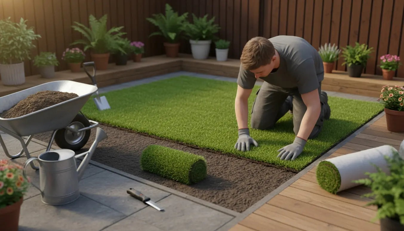 Nærbillede af anlægning af rullegræs i en lille baghave med ruller, spade og vandkande.