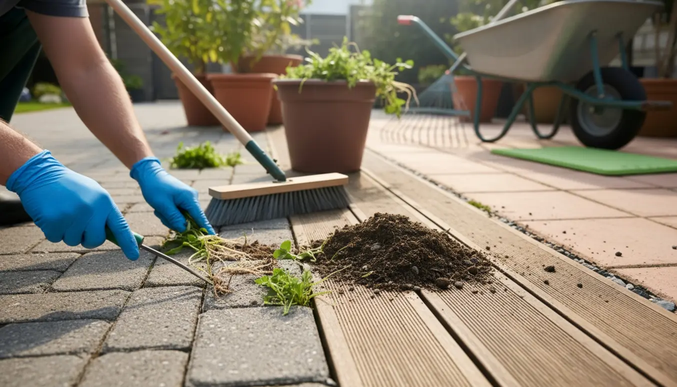 En person fjerner ukrudt mellem fliser i indkørsel og fejer det op på terrassen.