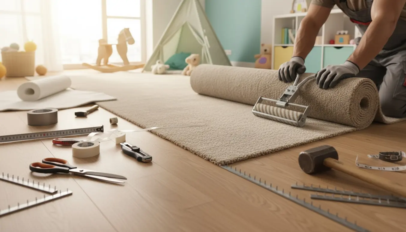 Væg-til-væg tæppe monteres i et lyst børneværelse på et nyt trægulv, med værktøj omkring og installatørens hænder i fokus.