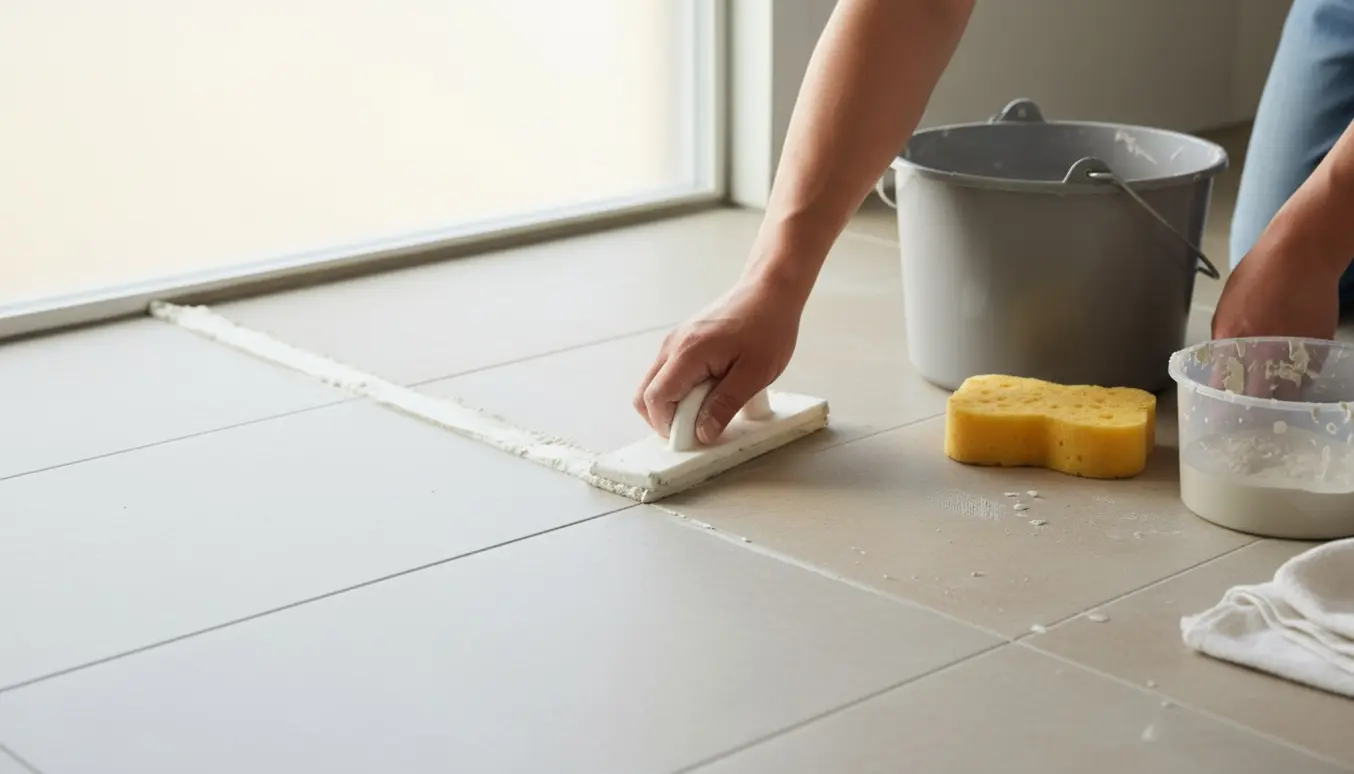 Nærbillede af hænder, der fuge hvid fuge ind mellem fliser med fugebræt og svamp i et lyst badeværelse.