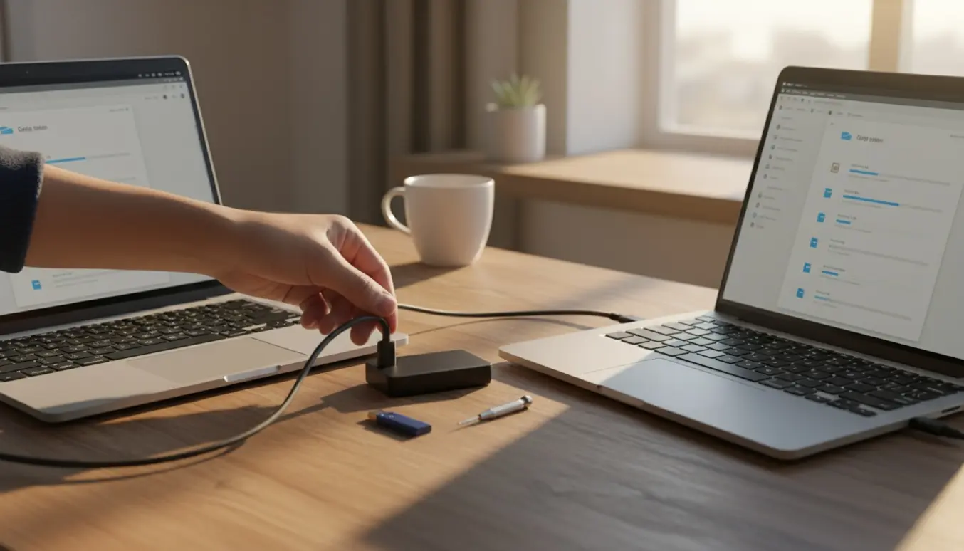 Hænder forbinder en ekstern SSD mellem en gammel og en ny bærbar på et lyst skrivebord.
