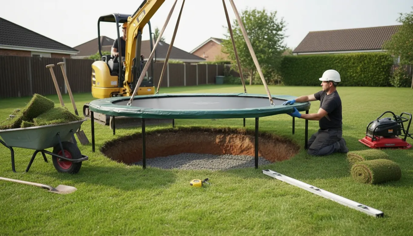Nedgravning af rund trampolin i baghave med gravemaskine, jordarbejde og værktøj.