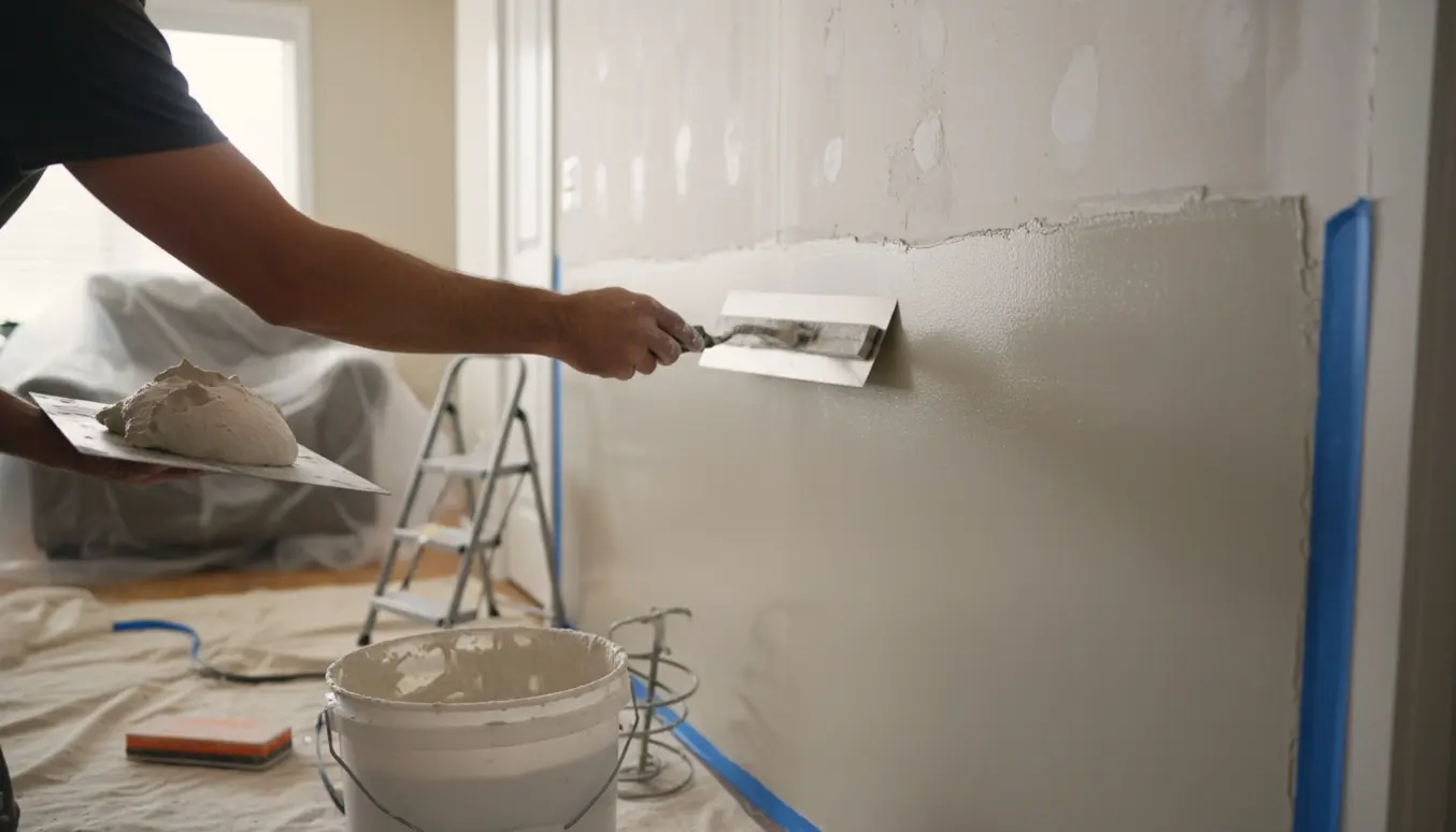 En håndværker fuldspartler en væg på ca. 4 m² med spartel og spand i et lyst rum uden synligt ansigt.