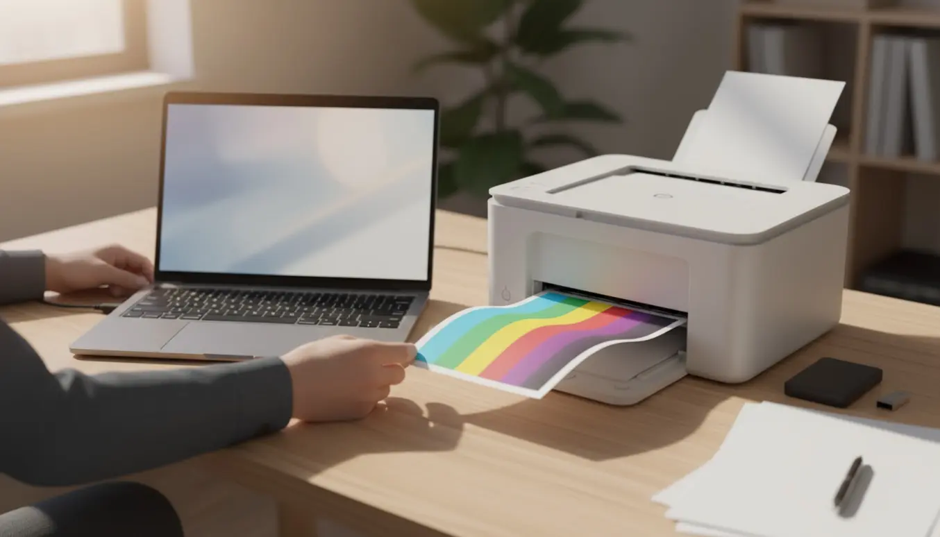 Hænder tilslutter et USB-kabel mellem en bærbar computer og en kompakt printer på et lyst skrivebord med en ekstern harddisk og en frisk udskrevet side.