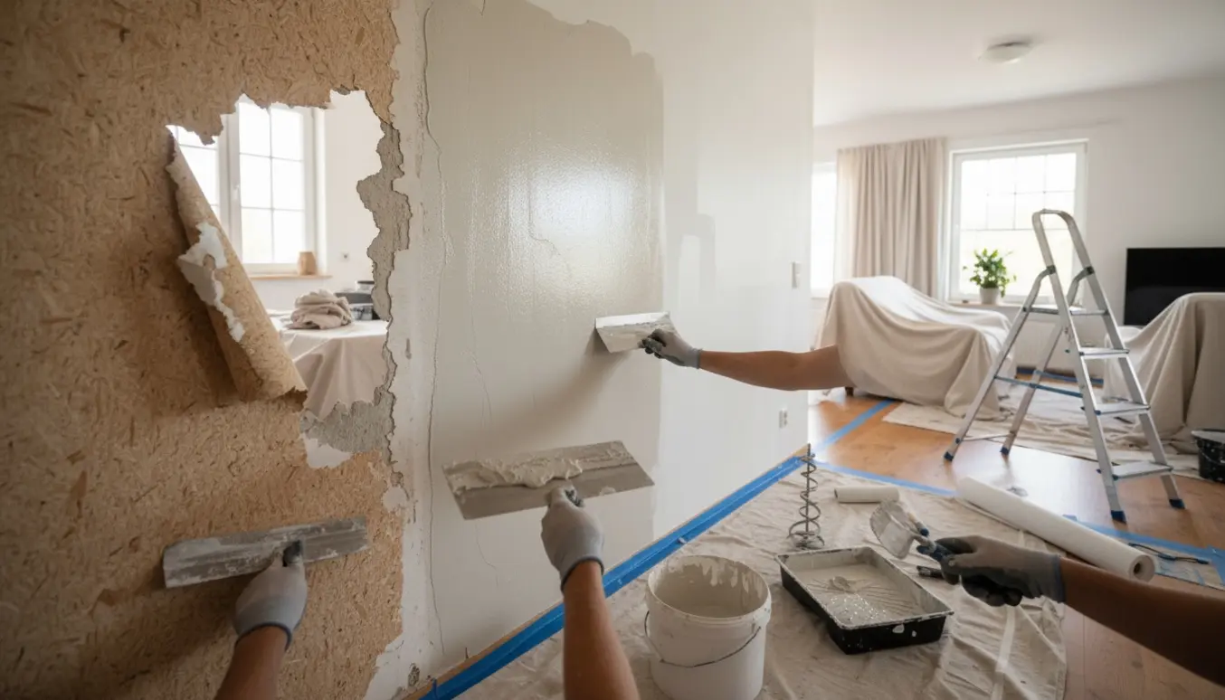 Indretningsbillede af fjernelse af savsmuldstapet, fuldspartling, opsætning af filt og maling i entré/køkkenstue.