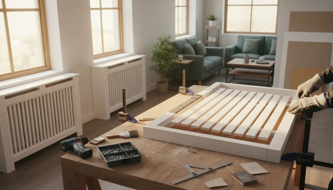 Hænder samler en radiatorafskærmning i et lyst rum med to installerede og en under opbygning.