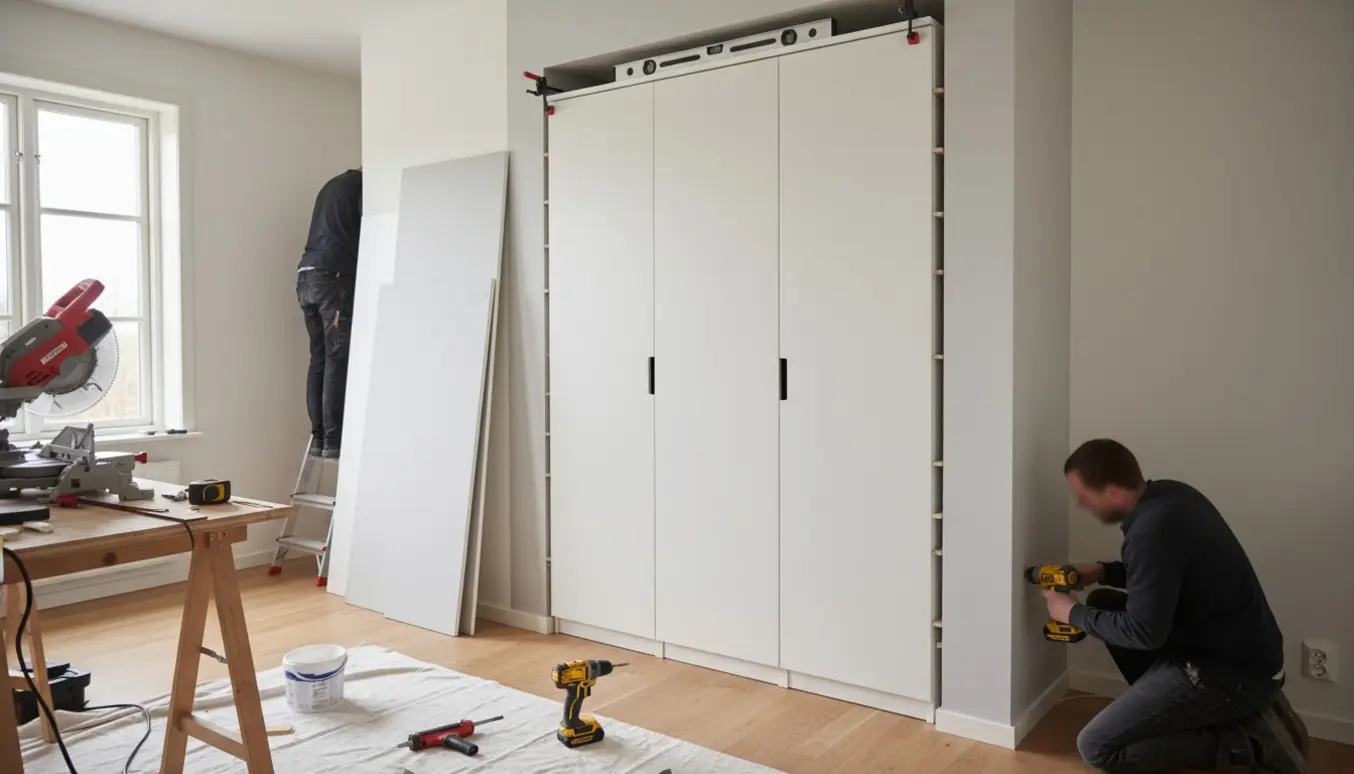 Delvist indbygget IKEA PAX-skab monteres i væghul med MDF-plader, værktøj og hænder i arbejde.
