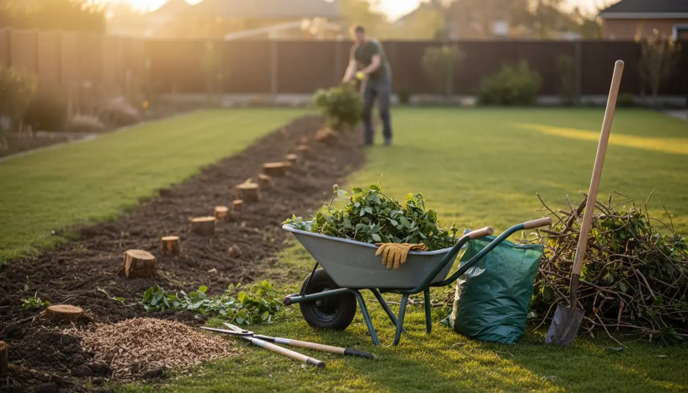 Udvendig have hvor en person uden synligt ansigt fjerner hæk, med trillebør og bunker af afklippede grene.