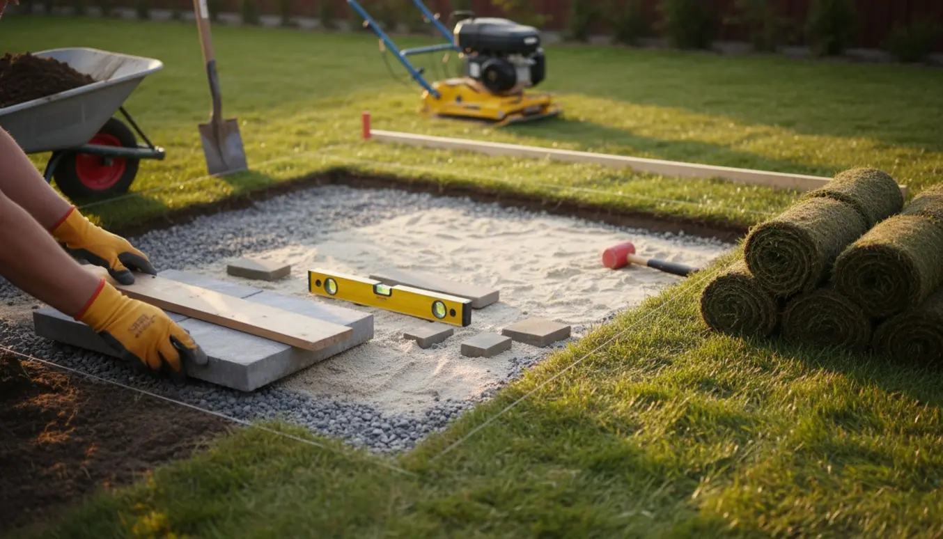 Anlægning af havefliser i en lille baghave med arbejdshænder, sandlag, stabel af fliser og værktøj i baggrunden.