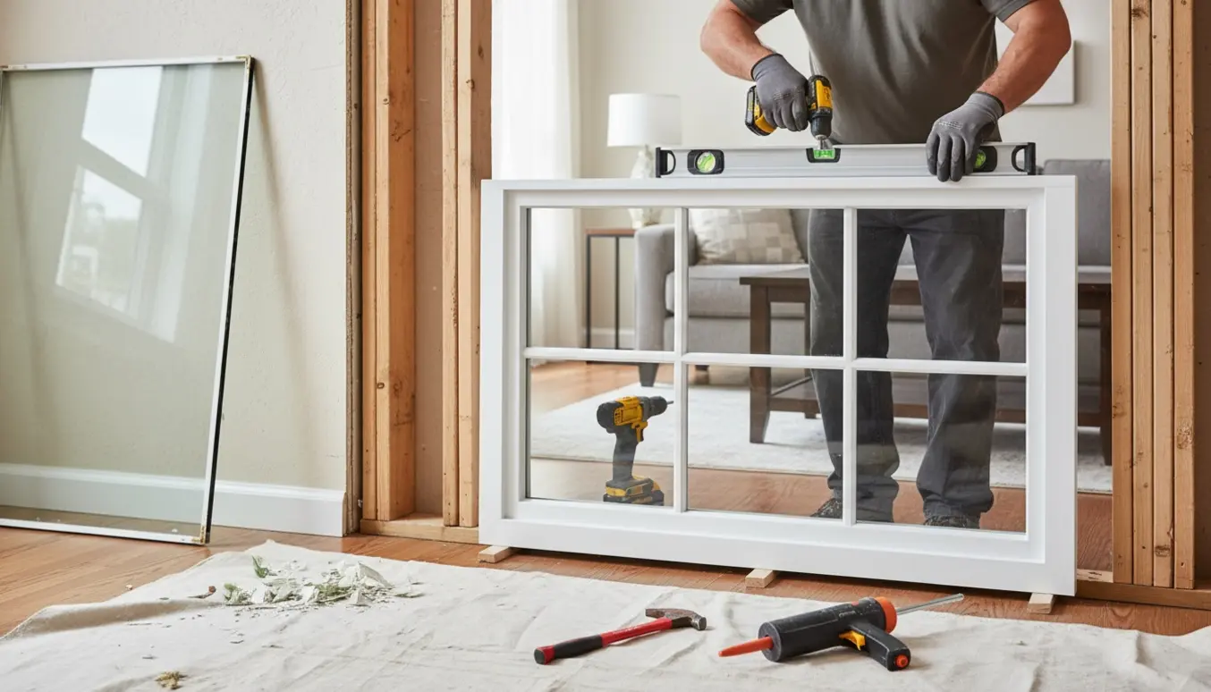 Tømrer monterer nyt vindue i stueplan, kun hænder og værktøj er synlige.